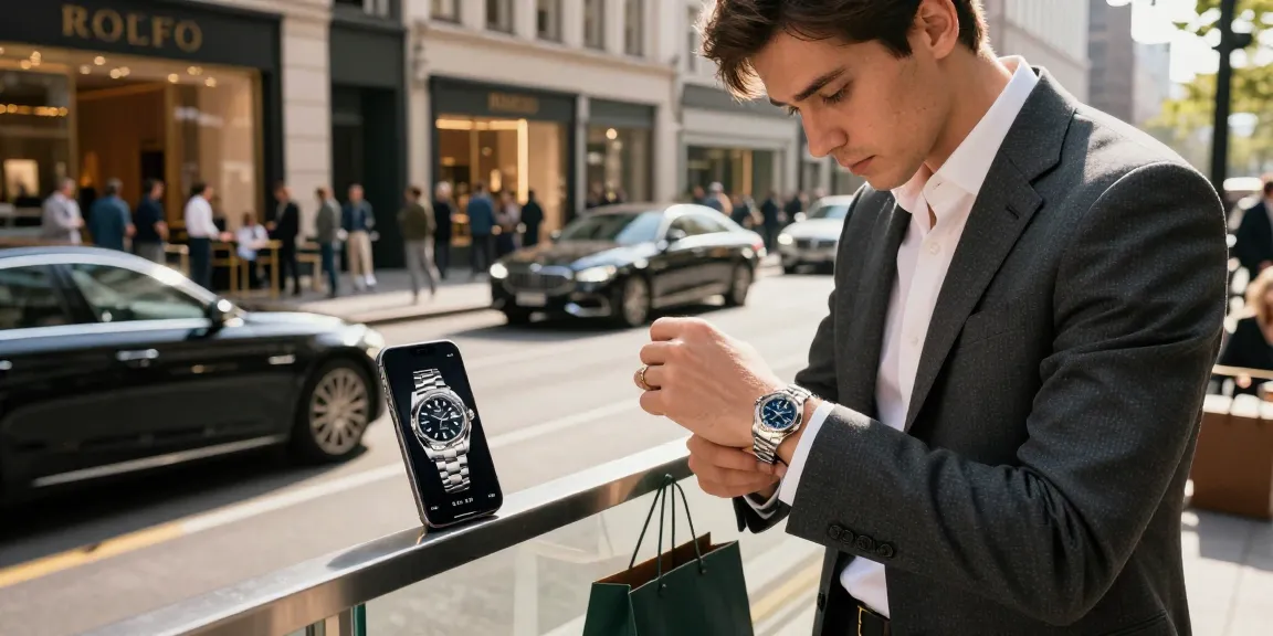 Young professional admiring a rolex replica in an upscale urban setting, showcasing luxury fashion and lifestyle.