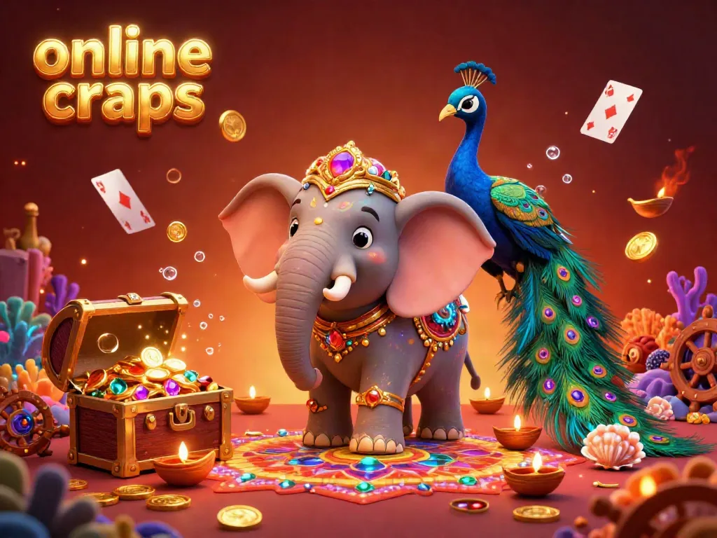 Play online craps in a colorful and dynamic 3D casino setting featuring an ornate elephant and peacock.