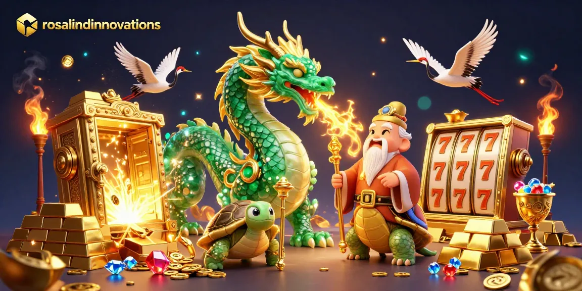 rosalindinnovations showcases a vibrant casino scene with a jade dragon and treasure elements.