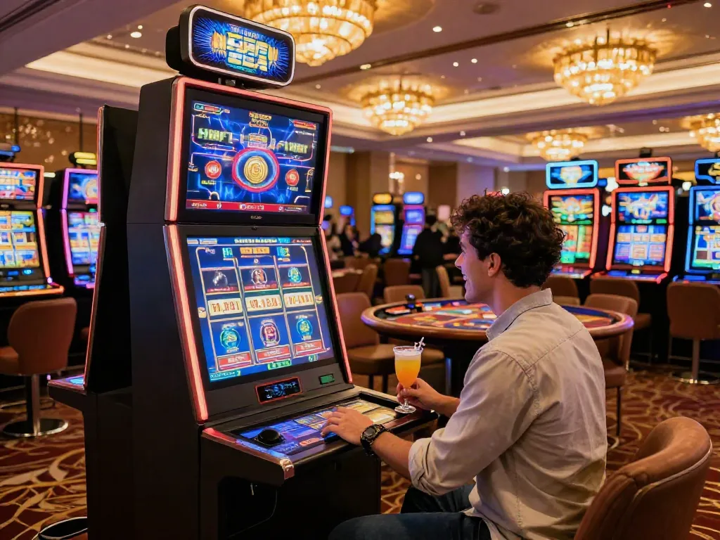 Casino En Ligne player winning at a luxurious slot machine in a vibrant gaming area.