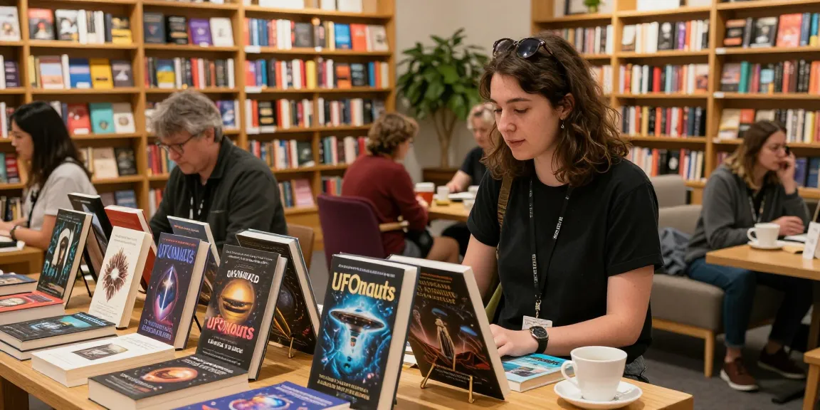 Exploring T Allen Greenfield's award-winning book "UFOnauts" at a vibrant book fair, engaging with spiritual themes on https://tallengreenfield.com.