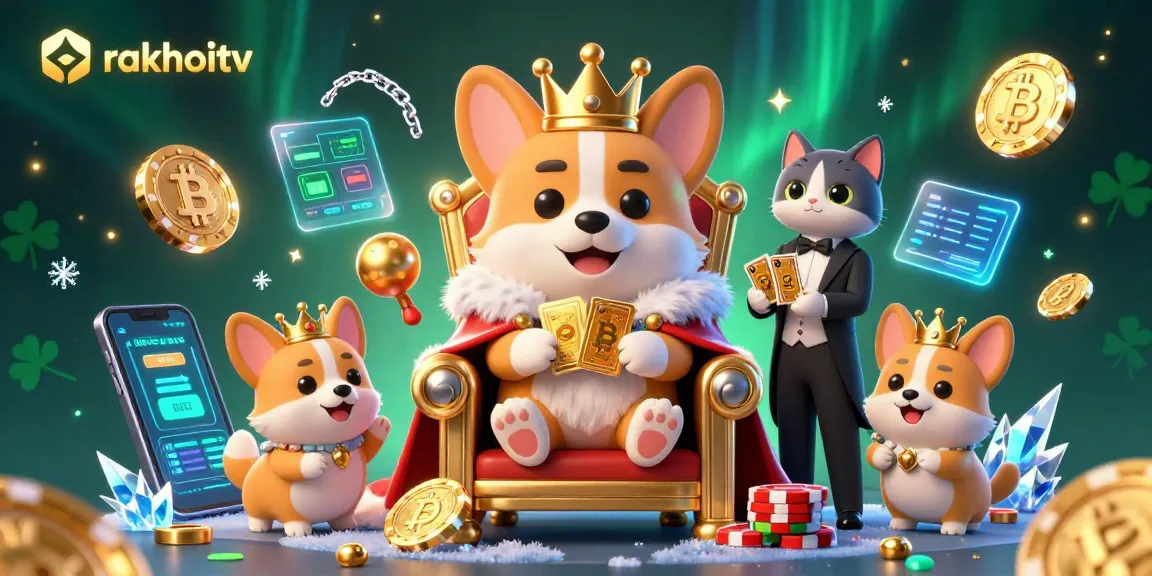 Experience rakhoitv's vibrant atmosphere with royal corgi and crypto elements in a dynamic casino scene.