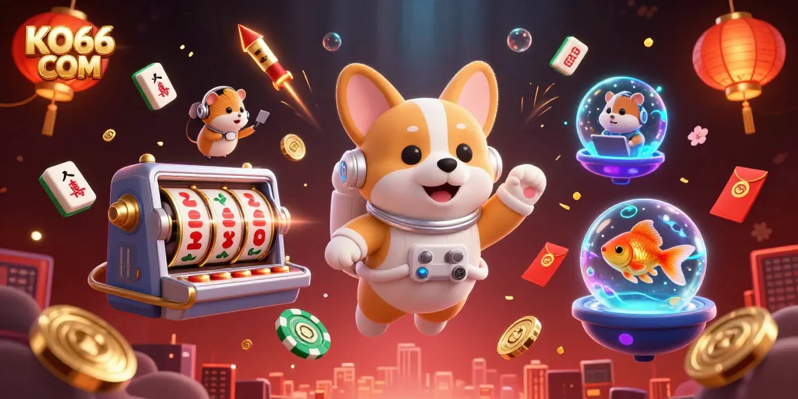 Experience exciting gaming at KO66 COM with this vibrant casino illustration showcasing slots and fun characters.