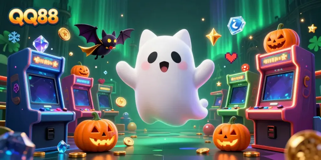 Experience thrilling gaming adventures at QQ88 with a floating ghost cat and vampire bat in a vibrant casino.