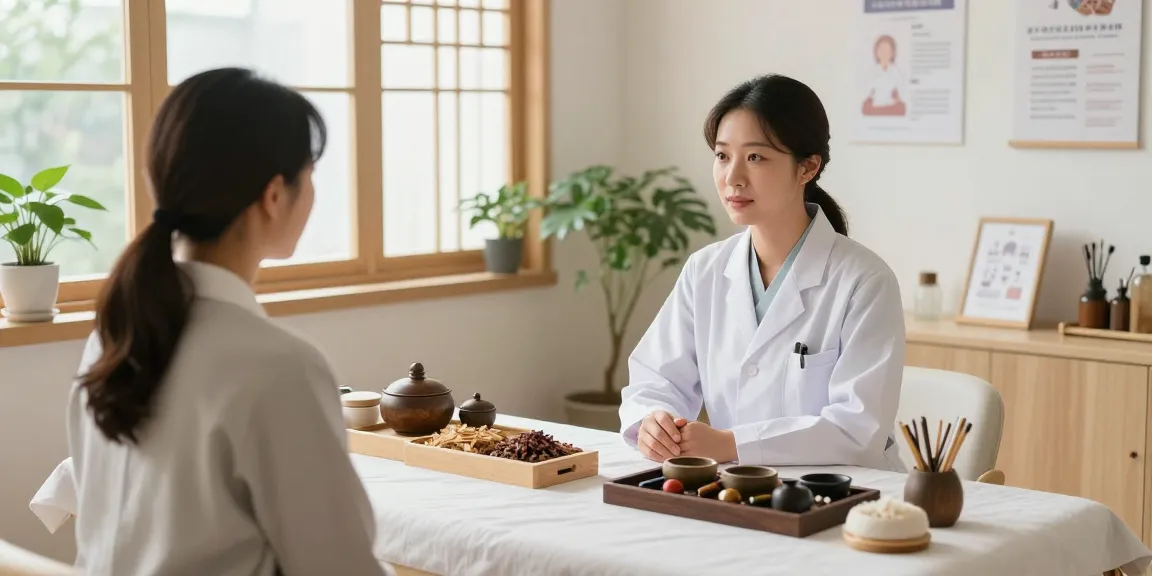 Consultation in 수원한의원 with a doctor and patient in a serene wellness setting.