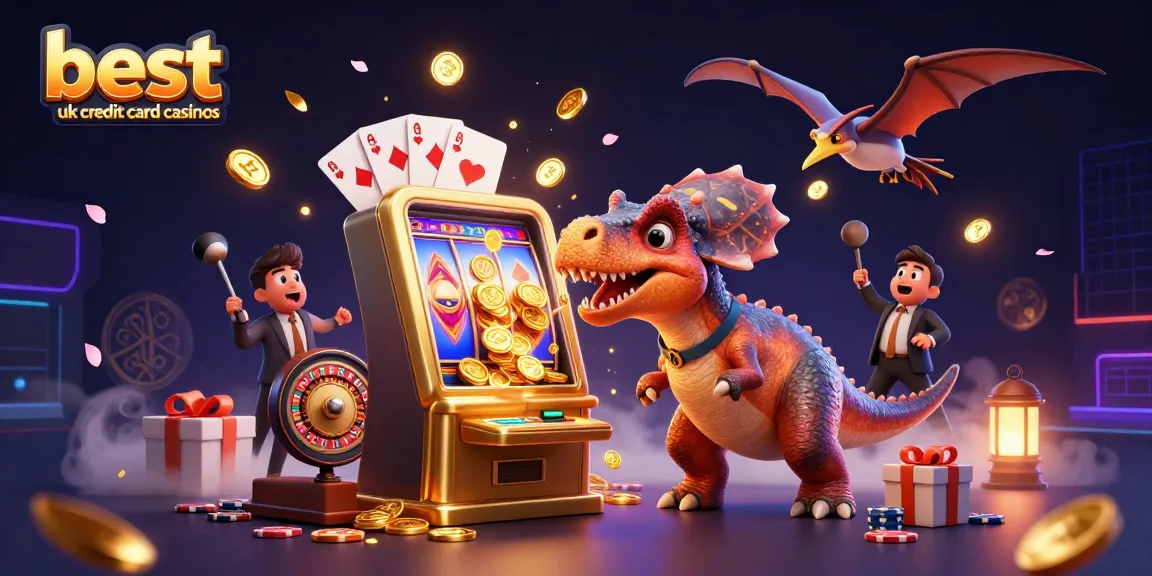 Catch golden coins at the best UK credit card casinos with prehistoric characters in an exciting casino scene.