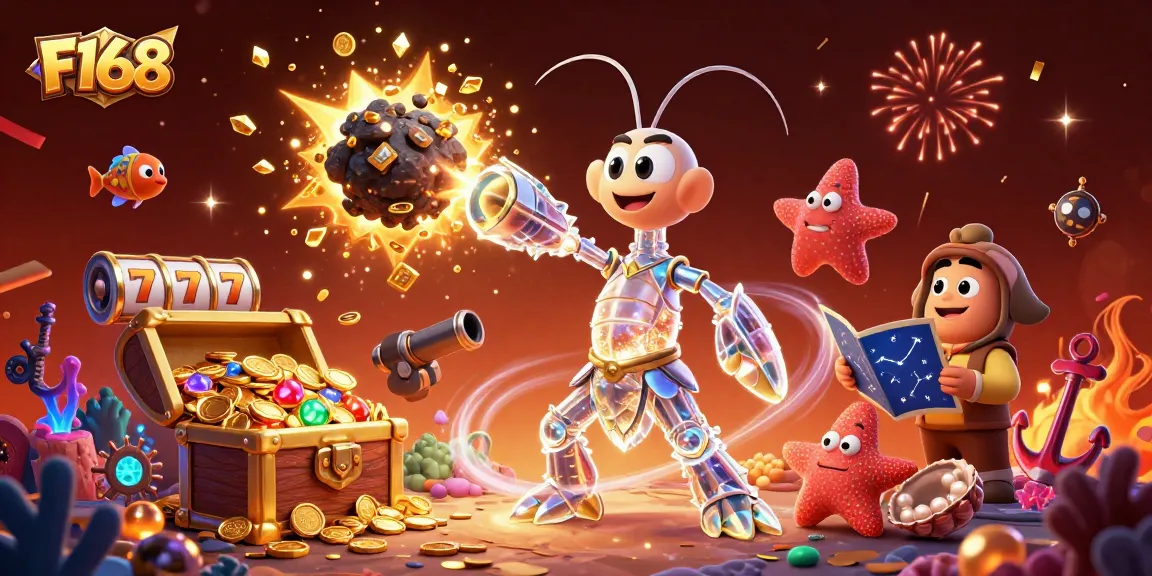 Join the excitement at F168 as a galactic samurai bursts through an asteroid of gems in this vibrant casino scene.