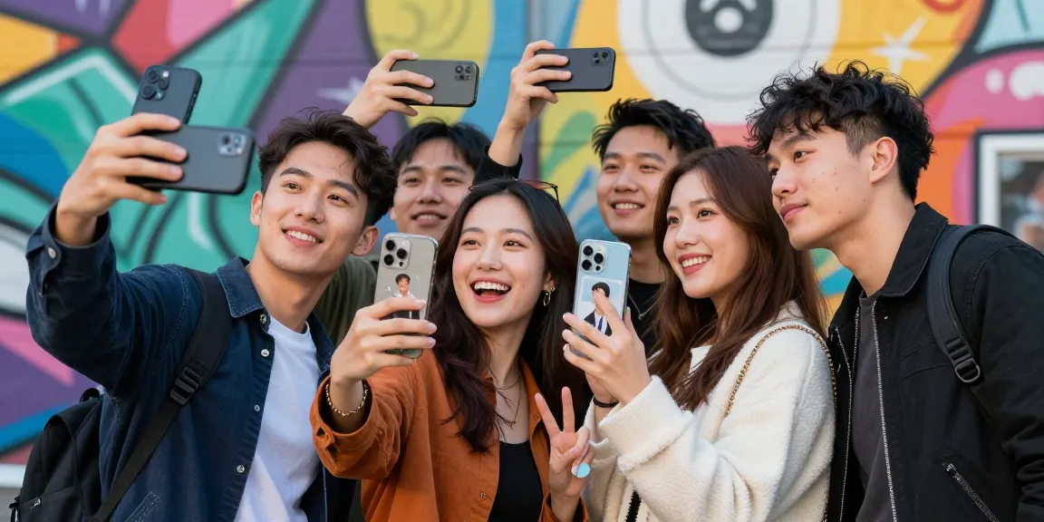 Friends discovering their celebrity look alike while taking selfies together in an urban setting.