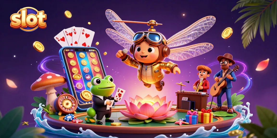 Experience the thrill of slot games as a dragonfly pilot hovers over a colorful casino scene.