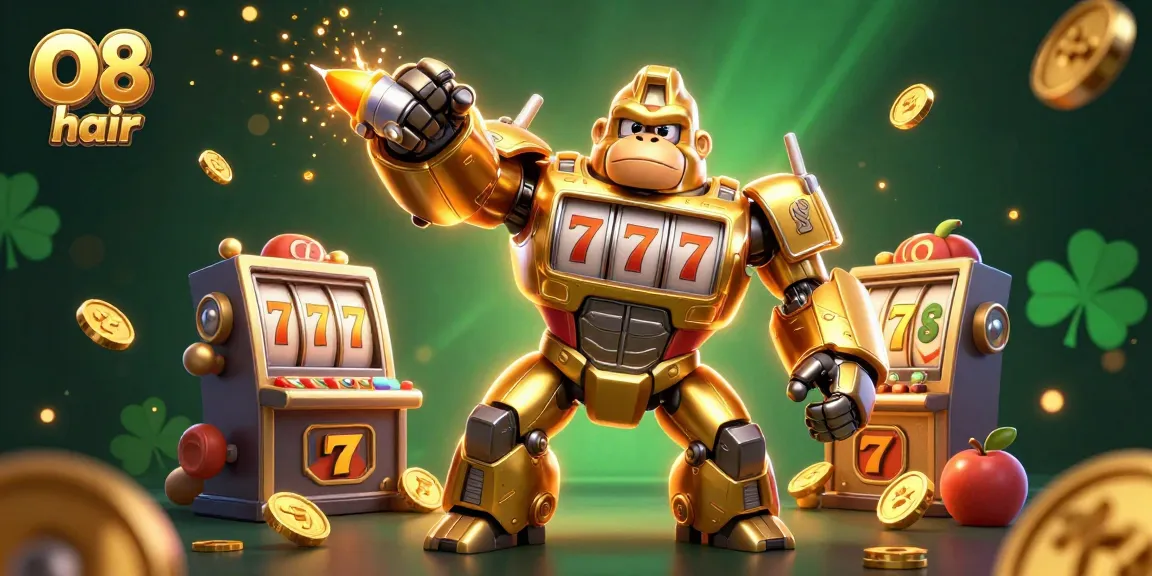 O8 hair transforms luck with a golden gorilla mech, jackpot reels, and basking in slot excitement.
