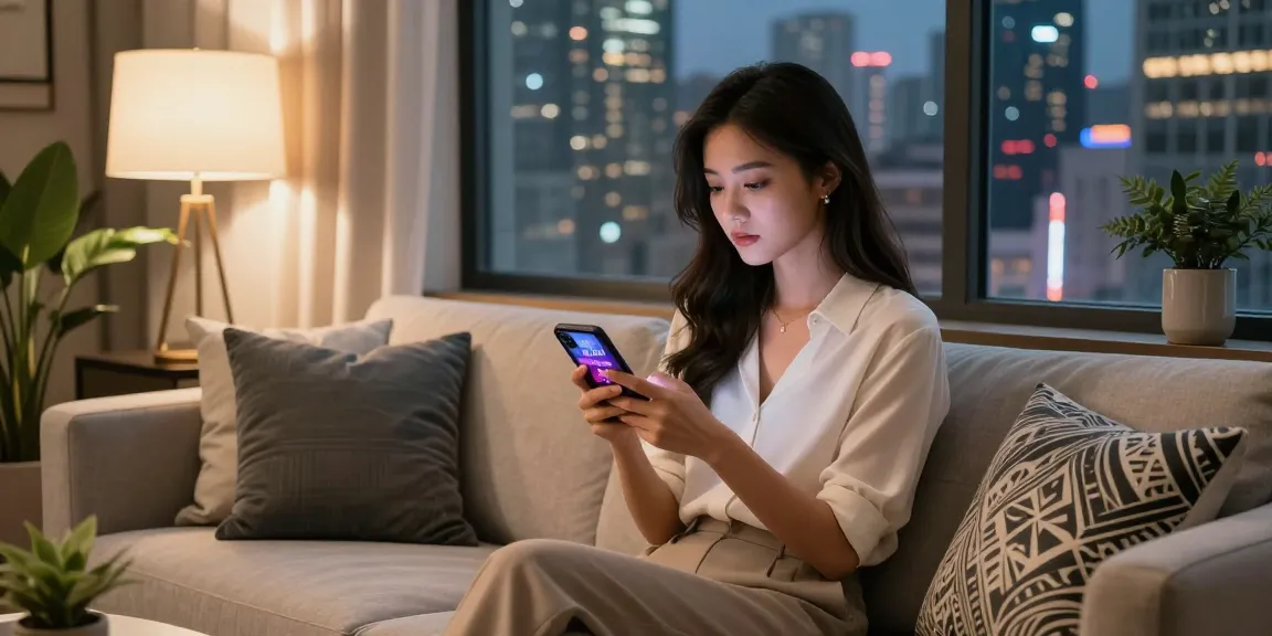 Hình ảnh gái gọi trẻ trung ngồi trong căn hộ hiện đại, sử dụng điện thoại thông minh.