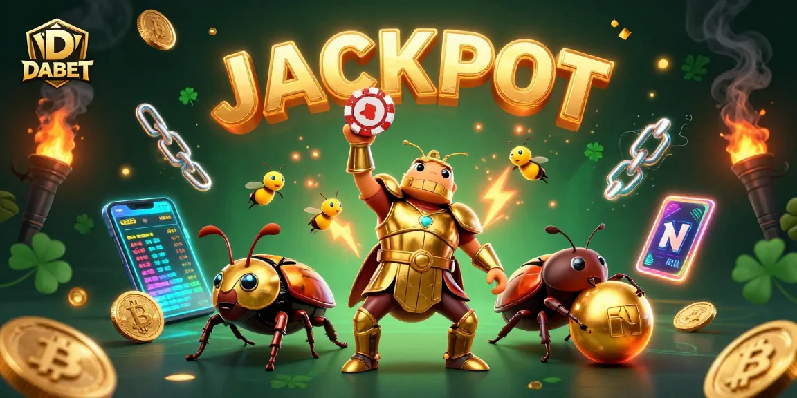 DABET offers thrilling gaming with a cartoon beetle championing poker excellence in a dynamic casino scene.