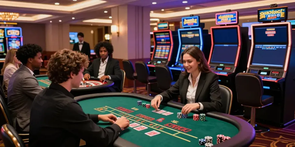 Diverse players enjoying thrilling table games and slots in an inviting casino ambiance, focused on Casinos Sans dépôts experience.