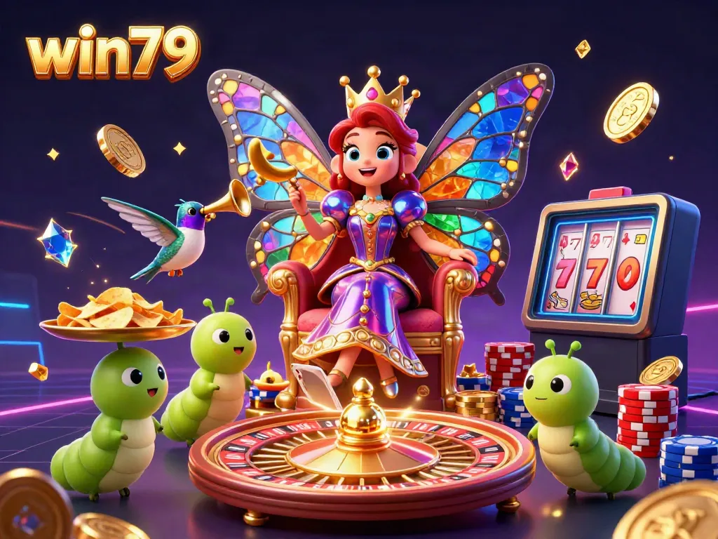 Experience the vibrant world of win79 with a butterfly queen in a dazzling casino setting.