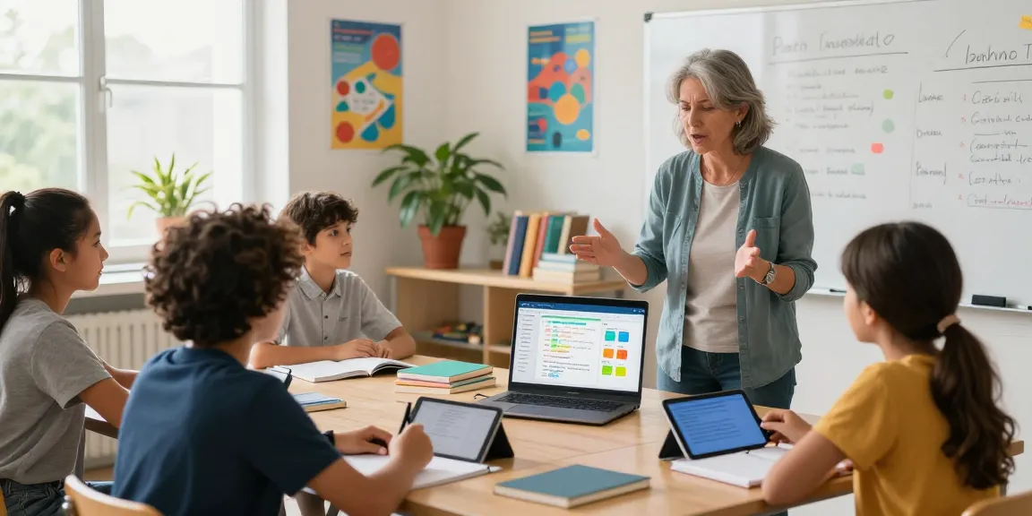 Teacher using EMStudio online lesson planner in a vibrant classroom while engaging students in lesson plans and collaborative learning.