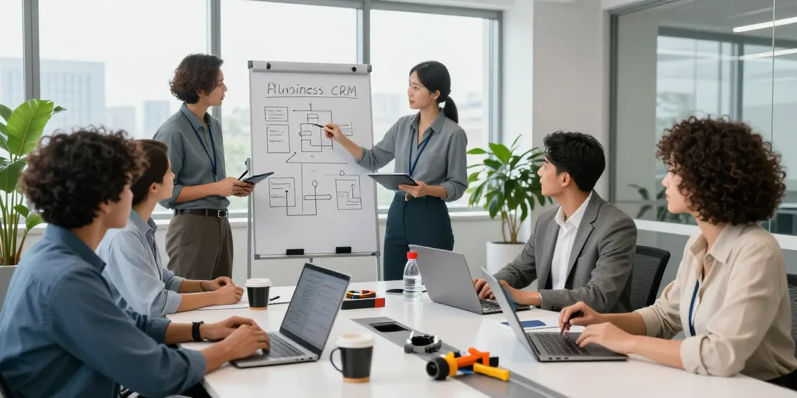 Team discussing plumbing business CRM strategies in a modern office.