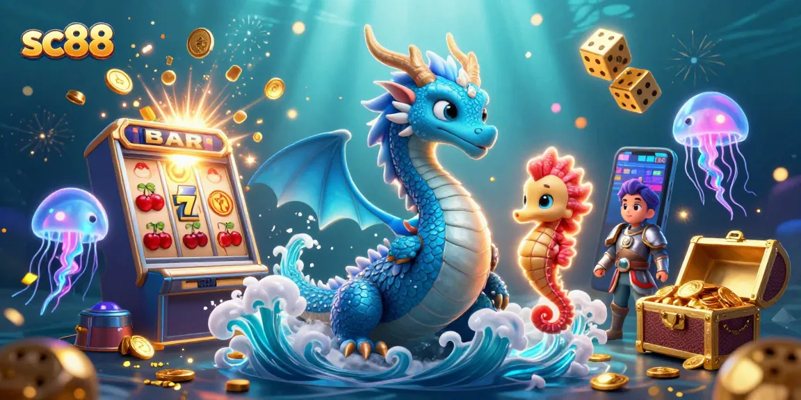 Play thrilling games at SC88 with an exciting underwater casino-themed illustration featuring vibrant characters and elements.