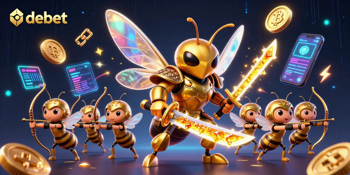 Engage with debet in this vibrant 3D illustration showcasing samurai hornets amidst Ethereum and Bitcoin elements.
