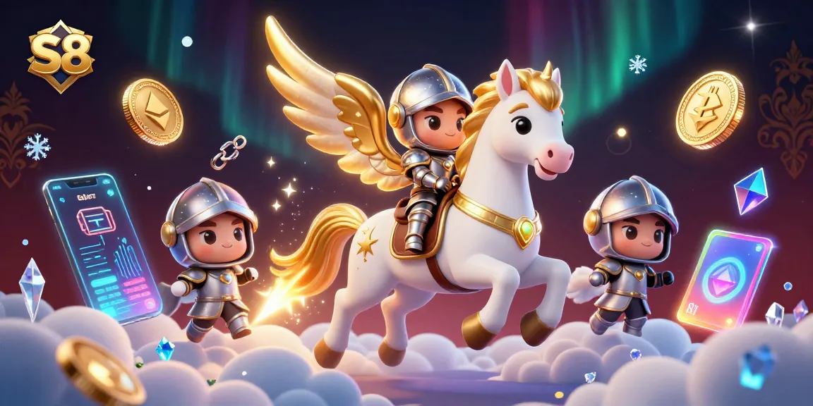 S8 casino adventure featuring a celestial horse and knight navigating a vibrant crypto wonderland.
