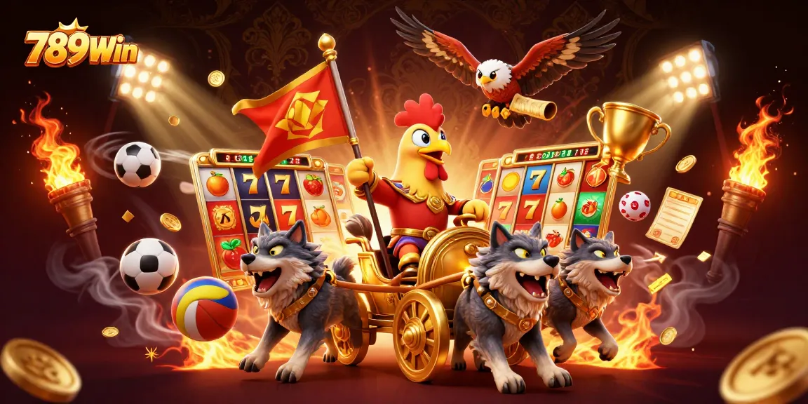Experience thrilling slots and jackpots with 789Win in a vibrant casino-themed scene.