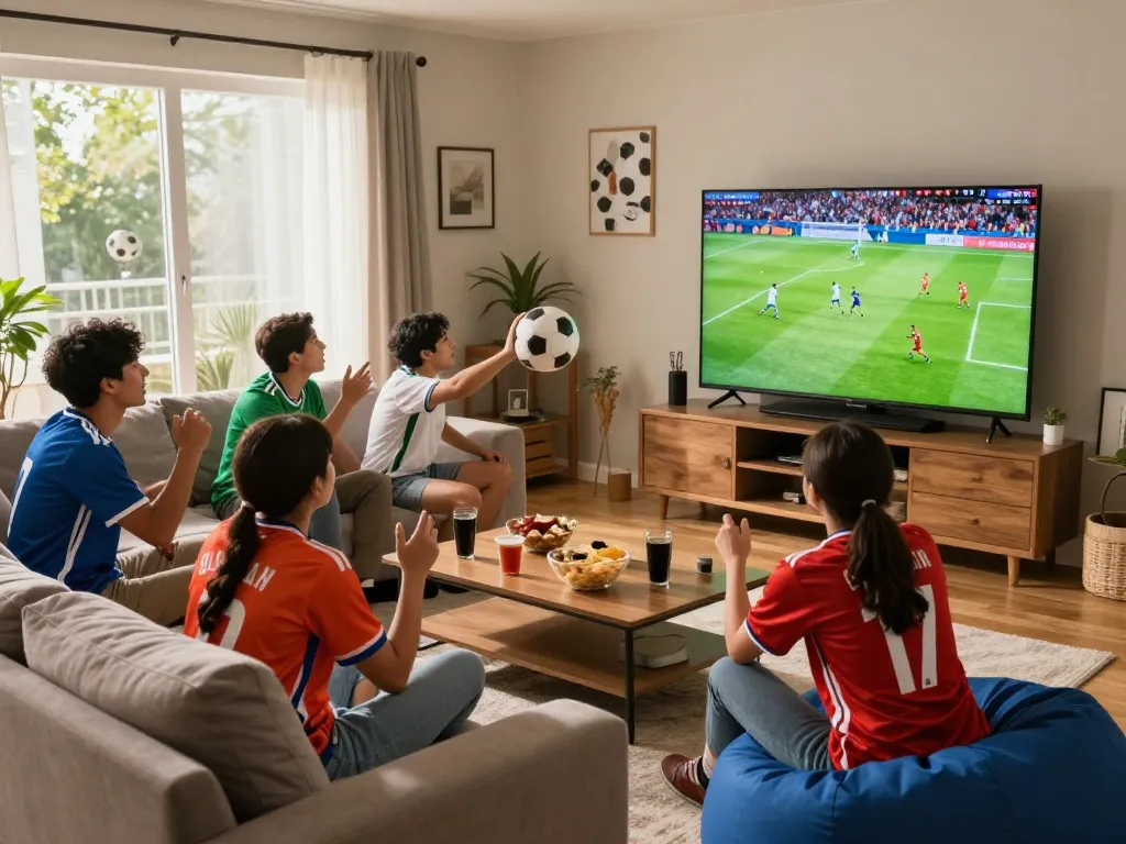 Cakhia tv friends enjoying a lively football match viewing party at home with snacks and excitement.