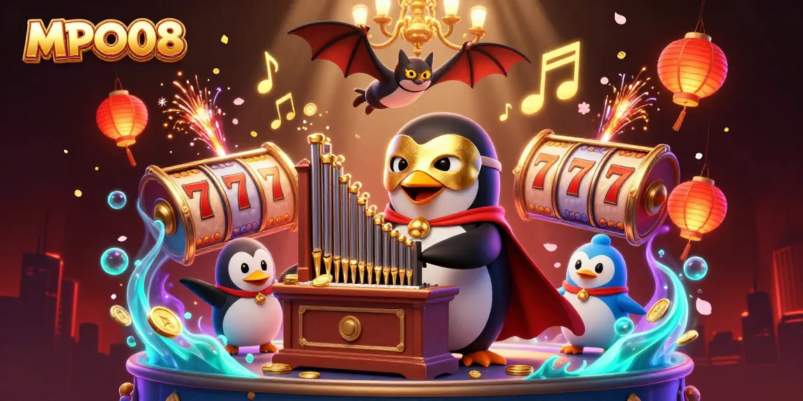 MPO08 presents a vibrant casino scene with a penguin playing an organ amidst golden coins, celebrating slots.