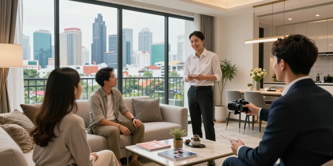 하노이 부동산을 소개하는 부동산 중개인과 현대 아파트를 탐색하는 커플의 모습