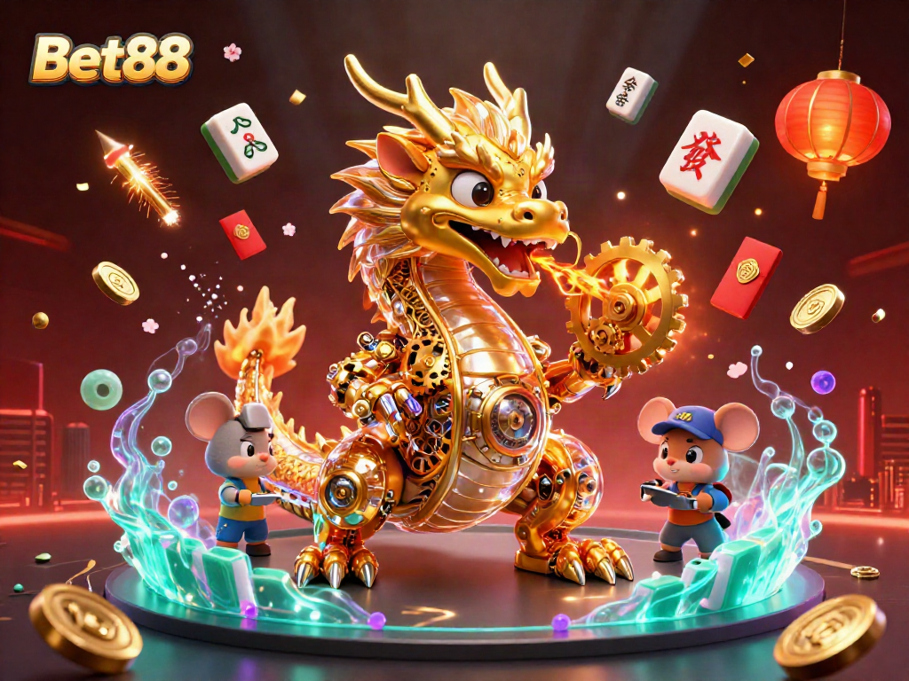 Bet88 features a dragon breathing gears in a lively casino scene filled with vibrant gaming elements.