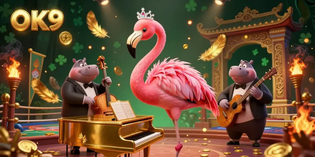 Experience the vibrant energy of OK9 with a lively casino scene featuring a singing flamingo and a hippo bassist.