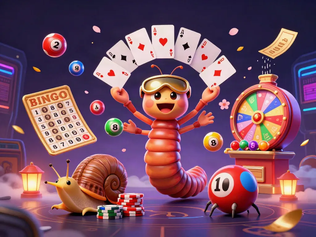 Experience vibrant casino thrills with 88vbet as a cartoon millipede dealer showcases playing cards amidst colorful lottery balls and dynamic elements.