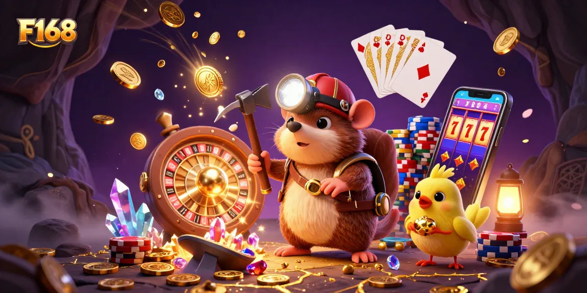 F168 offers thrilling mining adventures with treasure hunter mole and sparkling gems in an impressive casino scene.