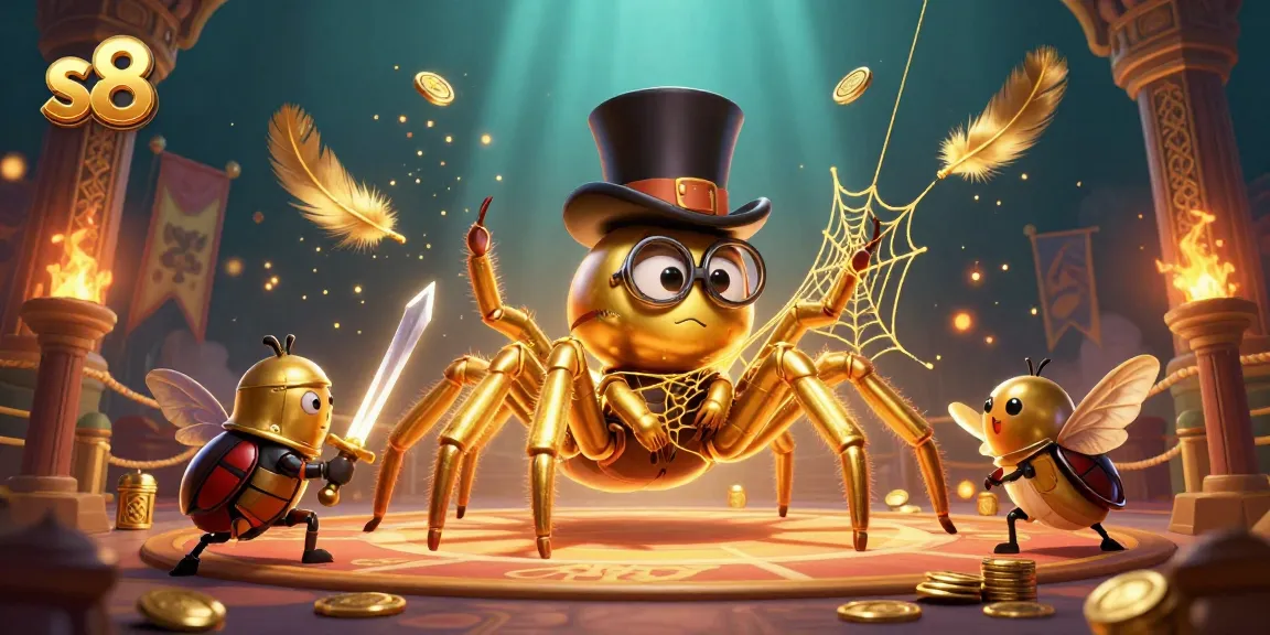 Experience thrilling gameplay at s8 with a golden tarantula spinning luck-filled webs in a vibrant casino scene.