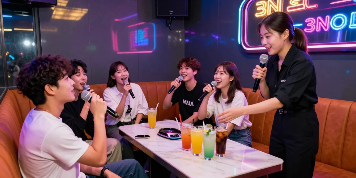 인천쓰리노에서 친구들과 즐거운 시간을 보내는 장면으로, 생동감 넘치는 분위기와 노래방 부스가 특징인 이미지