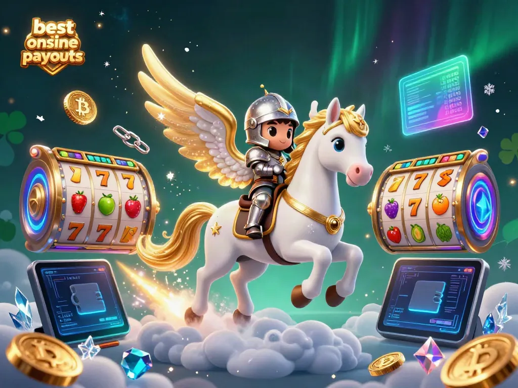 Experience the excitement of best online casino payouts with a magical 3D scene featuring a celestial horse, knight, and slot symbols.