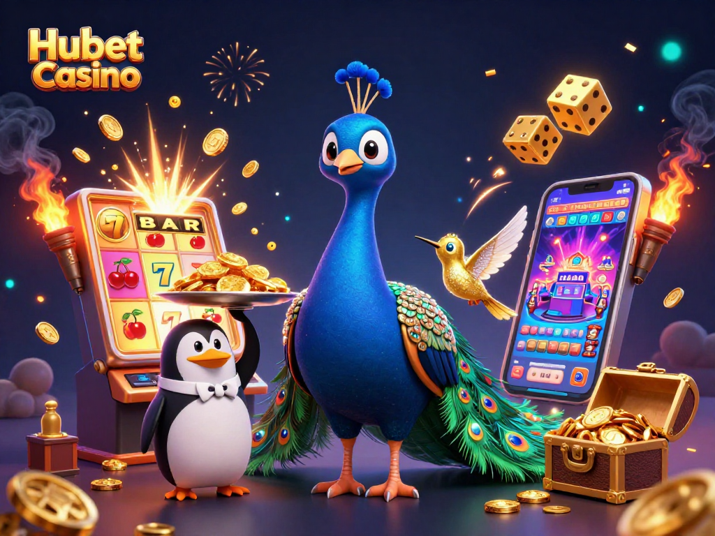 Engage with Hubet Casino's thrilling atmosphere featuring a vibrant 3D cartoon peacock and butler penguin.