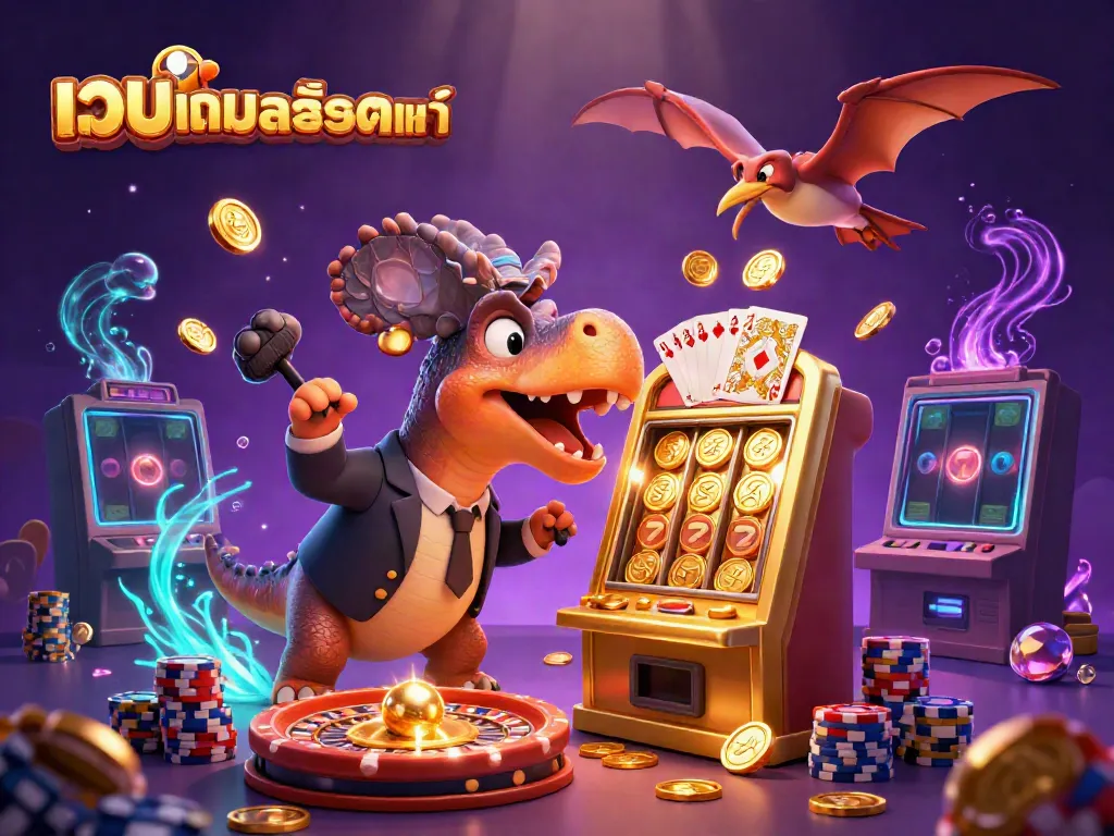 Experience gaming excitement withเว็บเกมสล็อตแท้ as dinosaurs interact with vibrant casino elements.