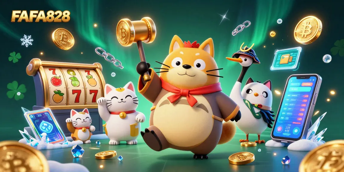 Join FAFA828 in this festive casino scene with lucky symbols and crypto elements.