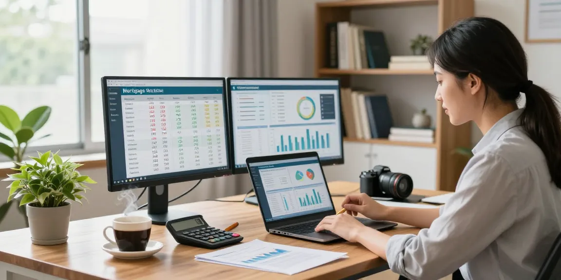 Comparador hipotecas analysis in a modern home office with financial documents and technology.