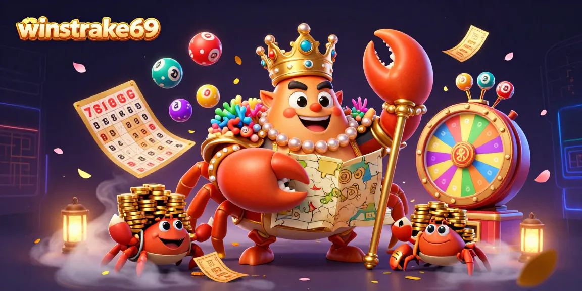 Engage with winstrike69's vibrant casino scene featuring a golden crab emperor amid dynamic lottery themes.