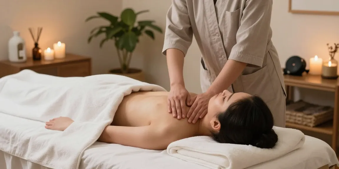 Relaxation scene depicting 부천출장안마 massage therapy with professional therapist and tranquil home setting.