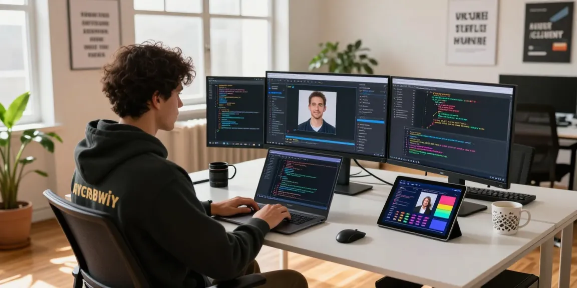 Engineer using image to image technology in a modern office workspace with dual monitors.