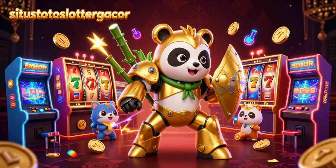 Experience wins at situstotoslottergacor with a vibrant 3D illustration of casino slots, golden panda, and exciting game elements.