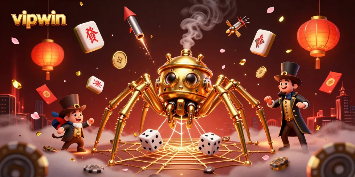 Engage with vipwin's thrilling casino adventure featuring a steampunk spider and floating mahjong elements.