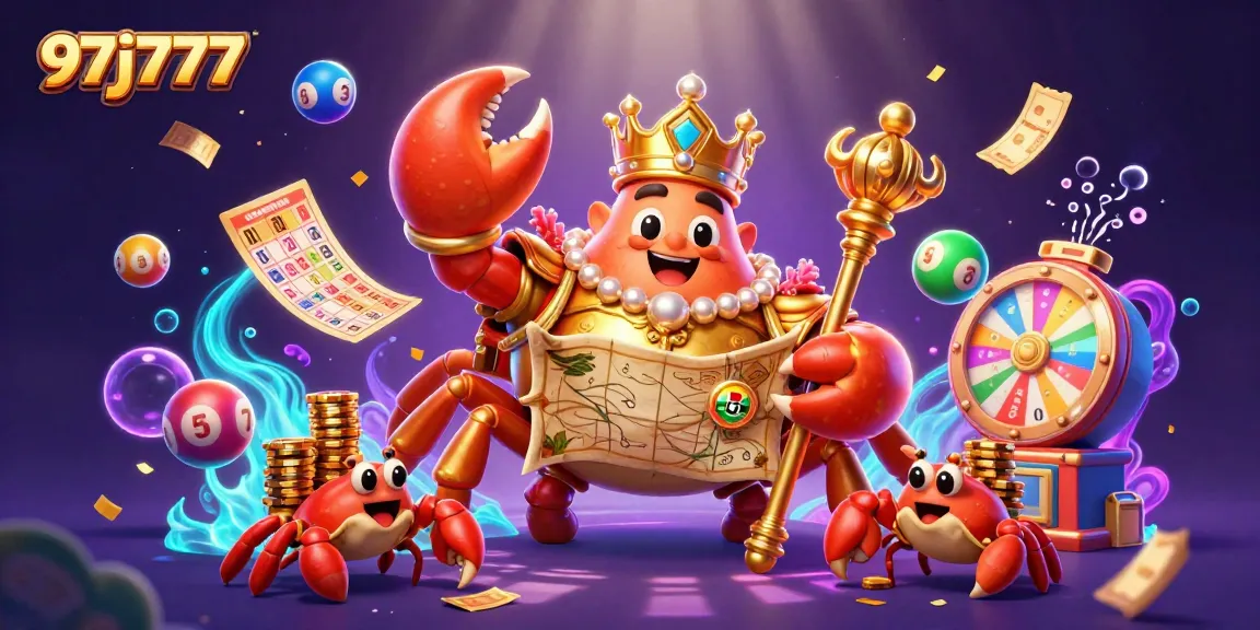 Engage with the vibrant 97j777 lottery world featuring a golden crab emperor amidst colorful game elements.