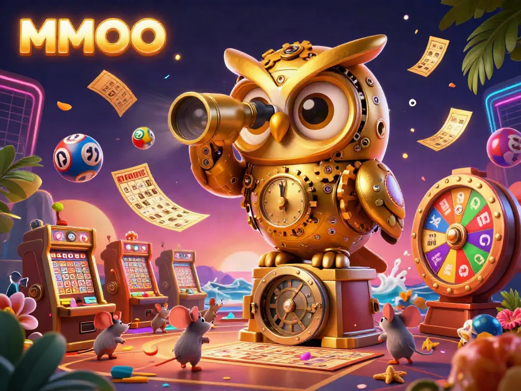 Experience the lively MMOO casino with a golden owl overseeing games and lottery excitement.