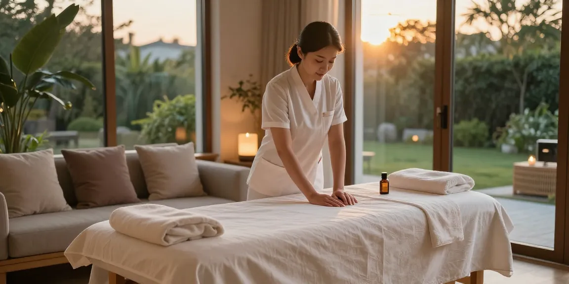 Experience premium 출장안마 relaxation with a serene home spa setup featuring a massage therapist and calming ambiance.