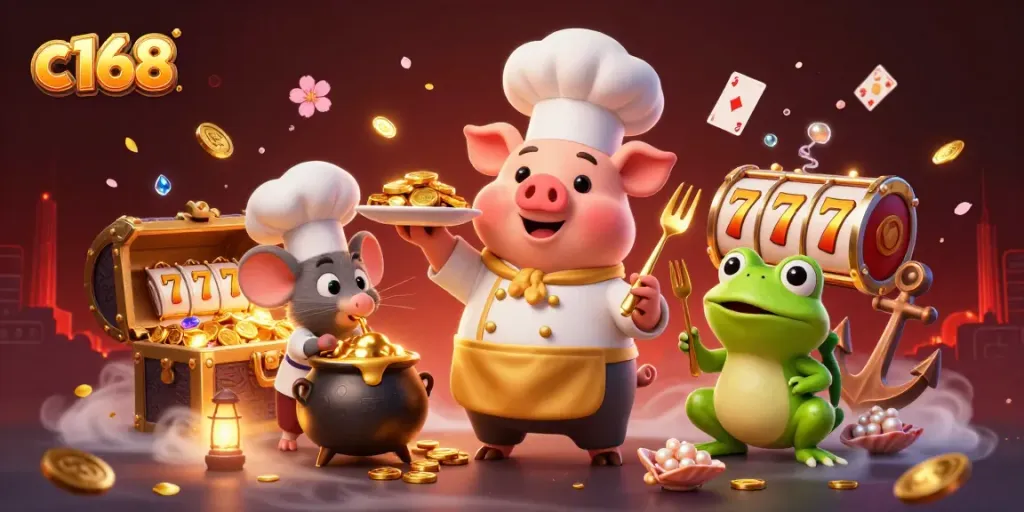 Experience the thrill of c168 casino gaming with a vibrant 3D scene featuring a pig chef and gold coins.