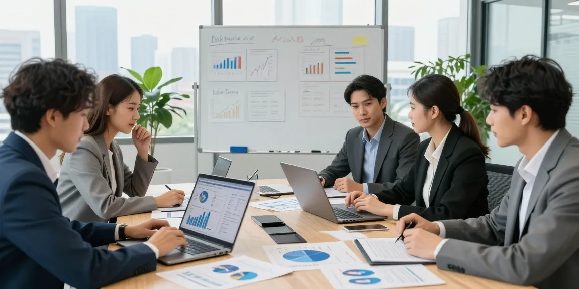 Apply for merchant cash advance in a collaborative financial services office with a diverse team analyzing data.