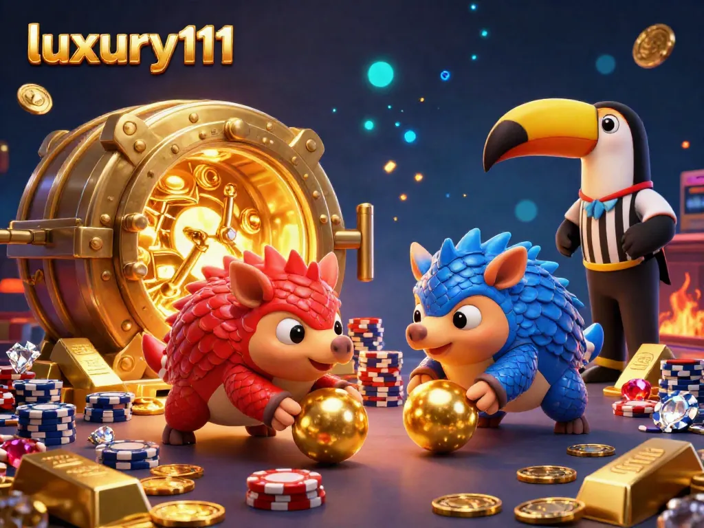 Engage in thrilling gameplay with luxury111's vibrant casino scene, featuring pangolins and golden treasures.