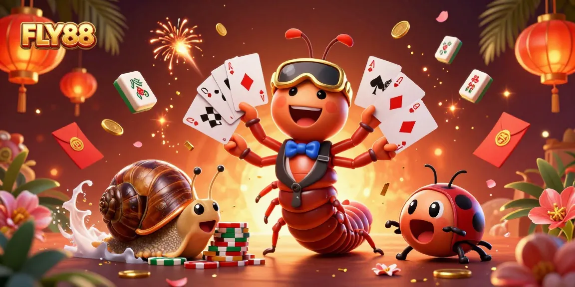 Engage with FLY88's lively casino atmosphere featuring a millipede dealer, vibrant game elements, and excitement all around.